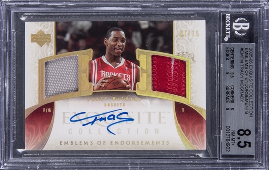 2005-06 UD "Exquisite Collection" Emblems of Endorsement #EMTM Tracy McGrady Signed Game Used Jersey/Patch Card (#07/15) – BGS NM-MT+8.5/BGS 10
